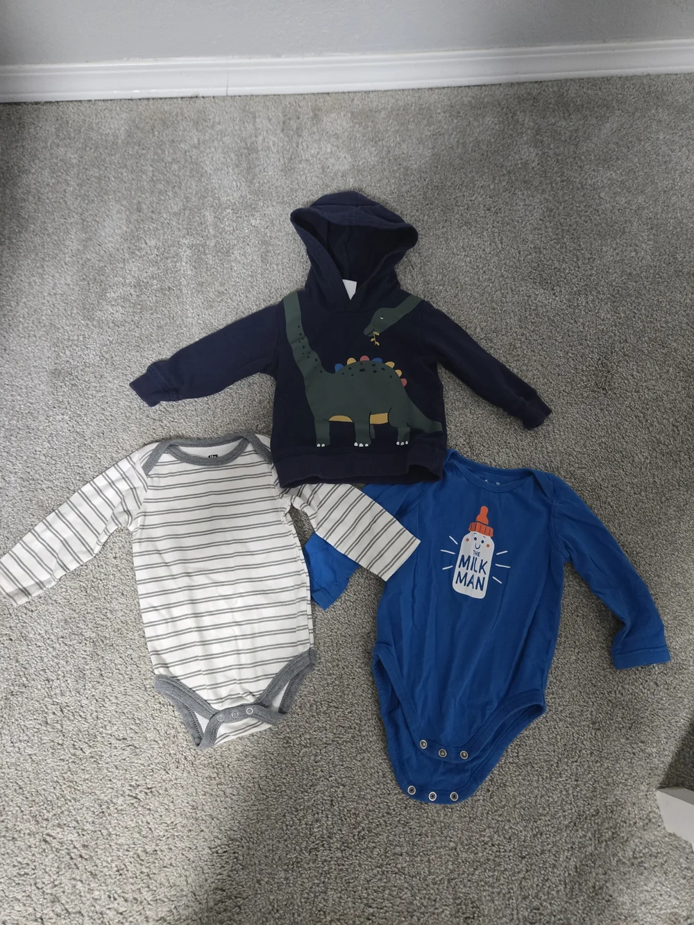 Bundle Of Baby Navy Dinosaur Hoodie, Striped One-Piece, Blue Milk Man Bodysuit